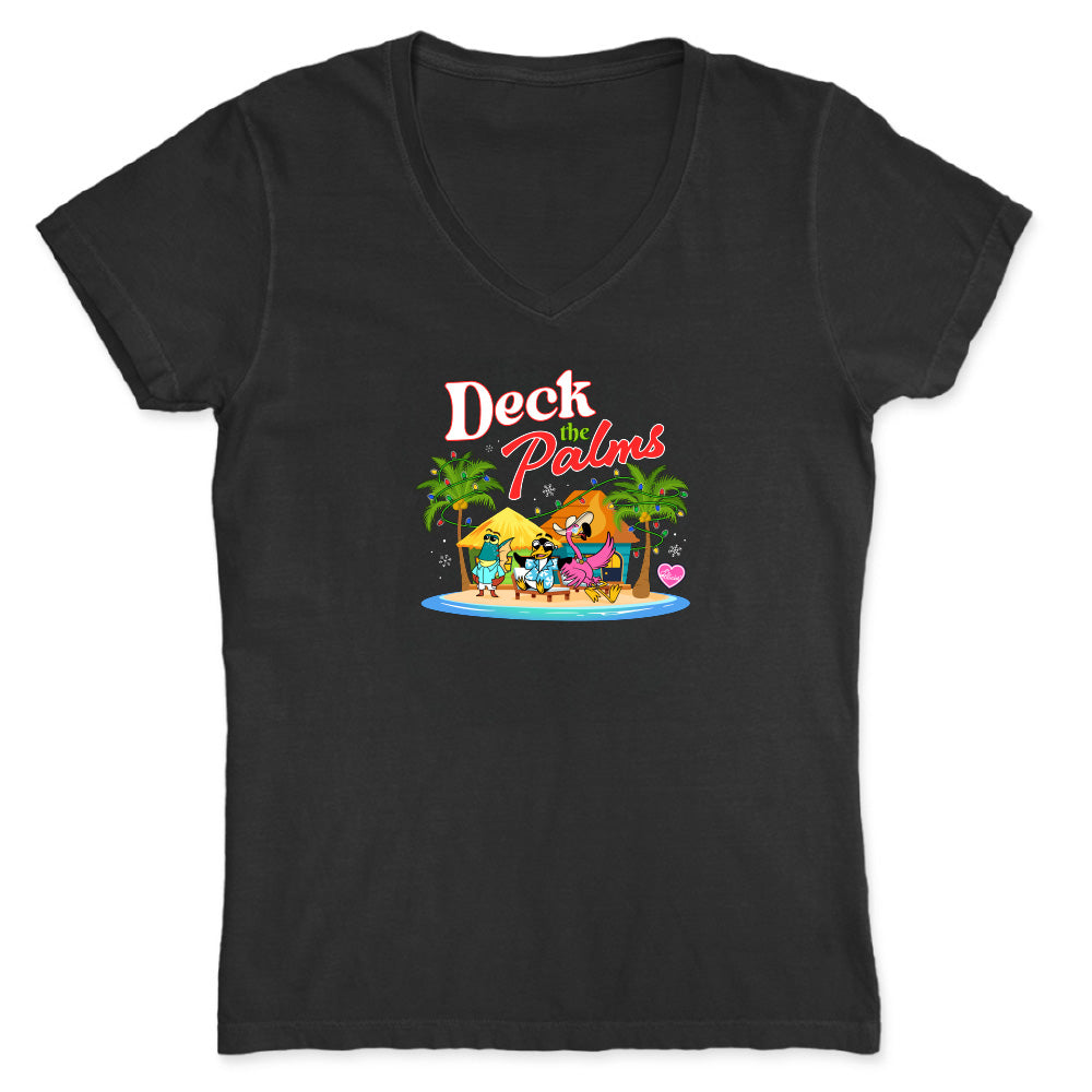 Black t-shirt with 'Deck the Palms' graphic design featuring a beach scene with palm trees and a couple.