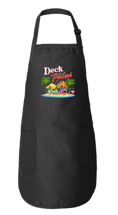 Black apron with colorful graphic design on a white background