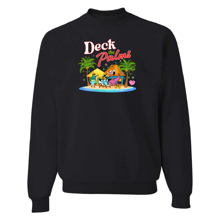 Black sweatshirt with 'Deck the Palms' graphic design on a white background