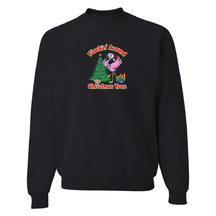 Black sweatshirt with Christmas-themed design featuring a flamingo and tree on a white background