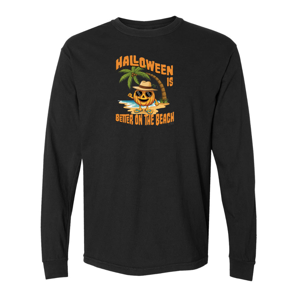 Black long-sleeve shirt with Halloween design featuring a palm tree and pumpkin on a white background