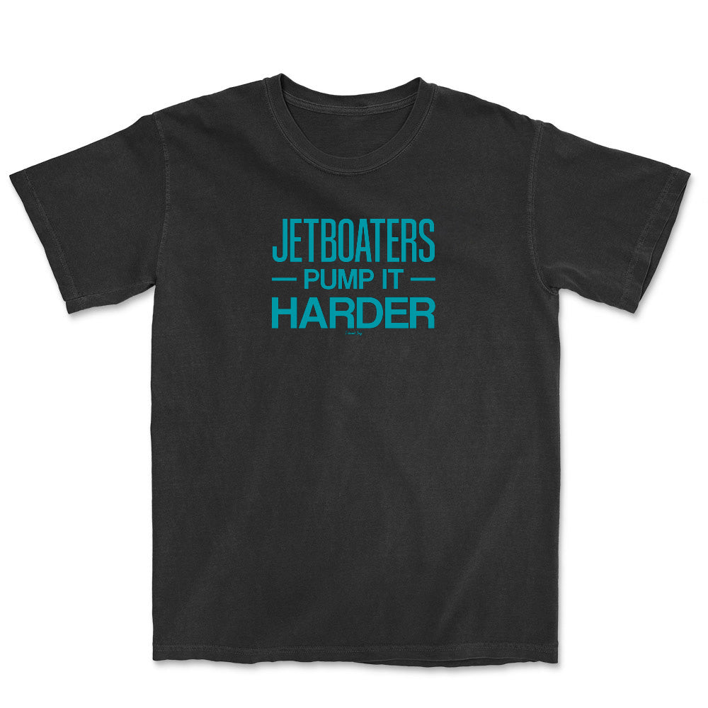 Black t-shirt with blue text 'JETBOATERS PUMP IT HARDER' on a white background