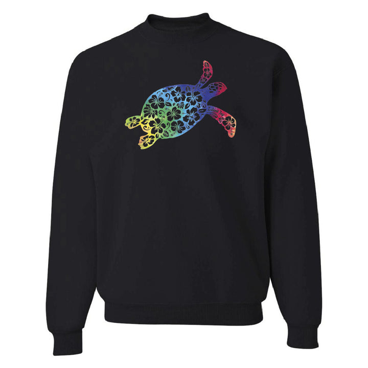 Black sweatshirt with a colorful turtle design on a white background