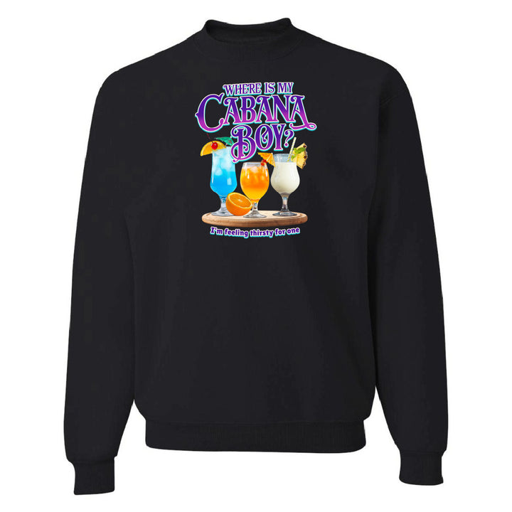 Black sweatshirt with colorful graphic and text on a white background