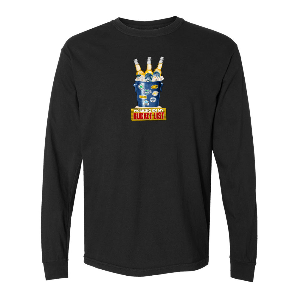 Black long-sleeve shirt with a graphic design on a white background