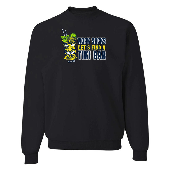 Black sweatshirt with a colorful tiki design and text on a white background