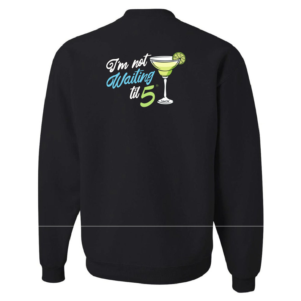 Black sweatshirt with a colorful graphic and text on the back against a white background
