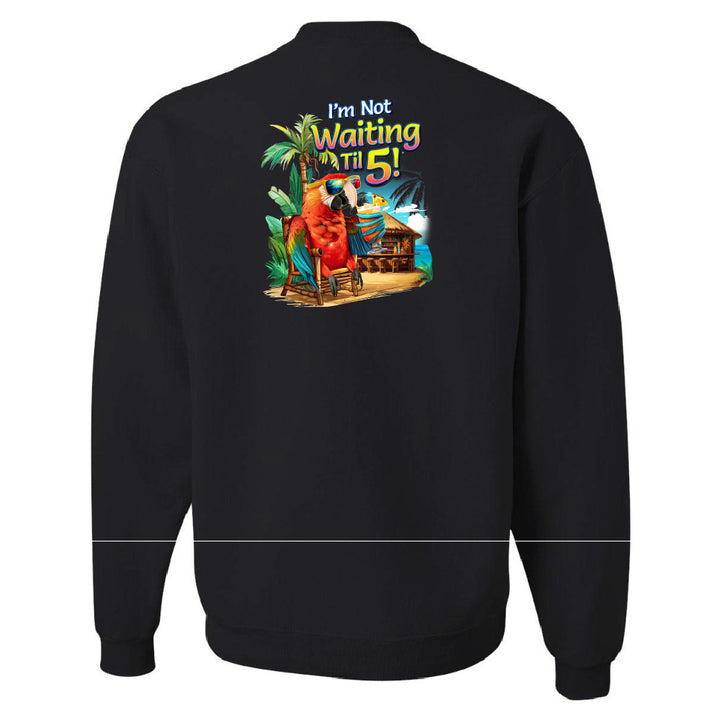 Black sweatshirt with a colorful graphic and text on the back against a white background