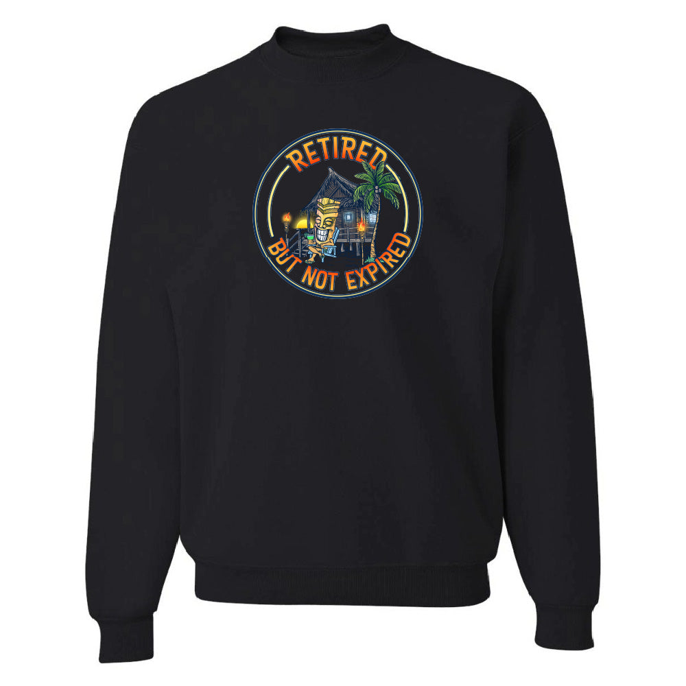 Black sweatshirt with a colorful graphic and text on a white background