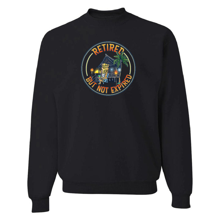 Black sweatshirt with a colorful graphic and text on a white background