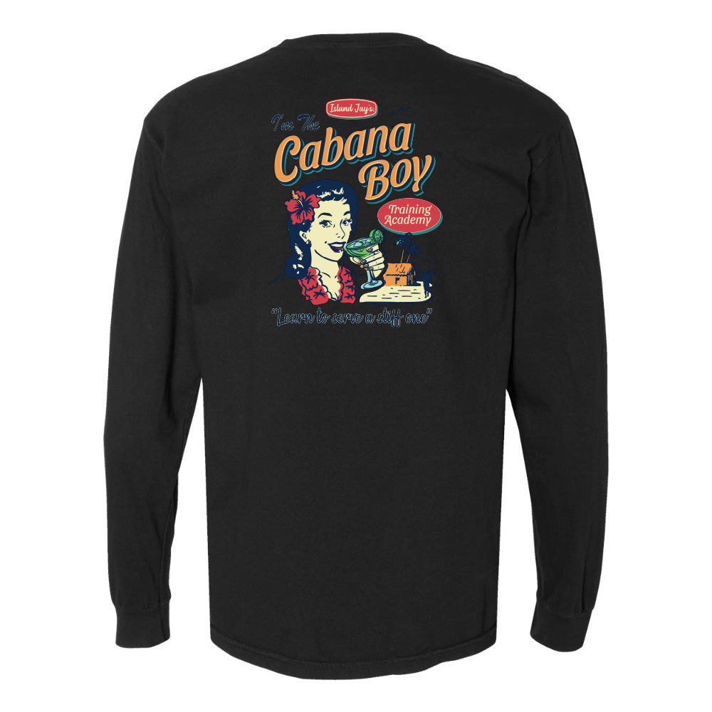 Black long-sleeve shirt with vintage-style graphic and text on a white background