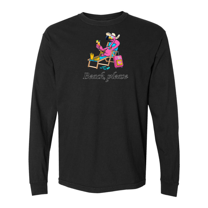 Black long-sleeve shirt with a colorful graphic of a person at the beach and 'Beach, please' text on a white background.