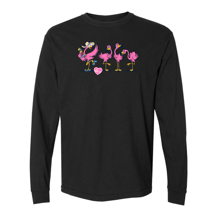 Black long-sleeve shirt with pink flamingo design on a white background
