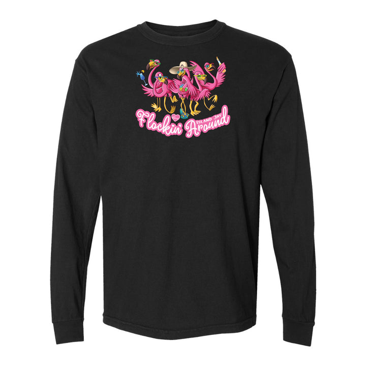Black long-sleeve shirt with pink flamingo design and 'Flockie Hounds' text on a white background
