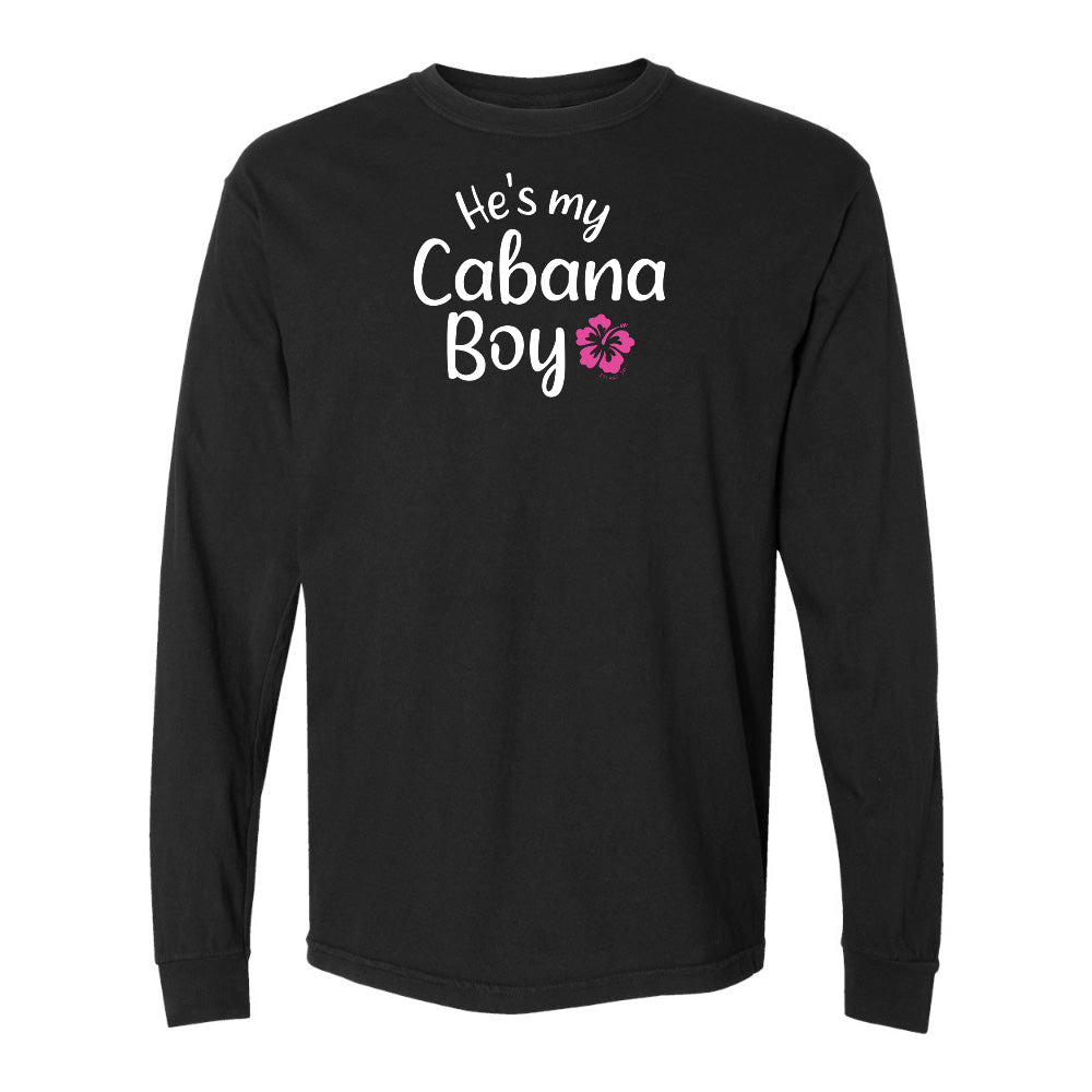 Black long-sleeve shirt with 'He's my Cabana Boy' text on a white background