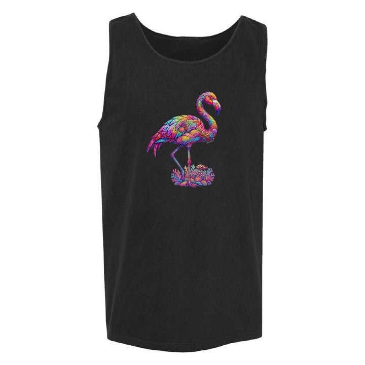 Black tank top with a colorful flamingo design on a white background