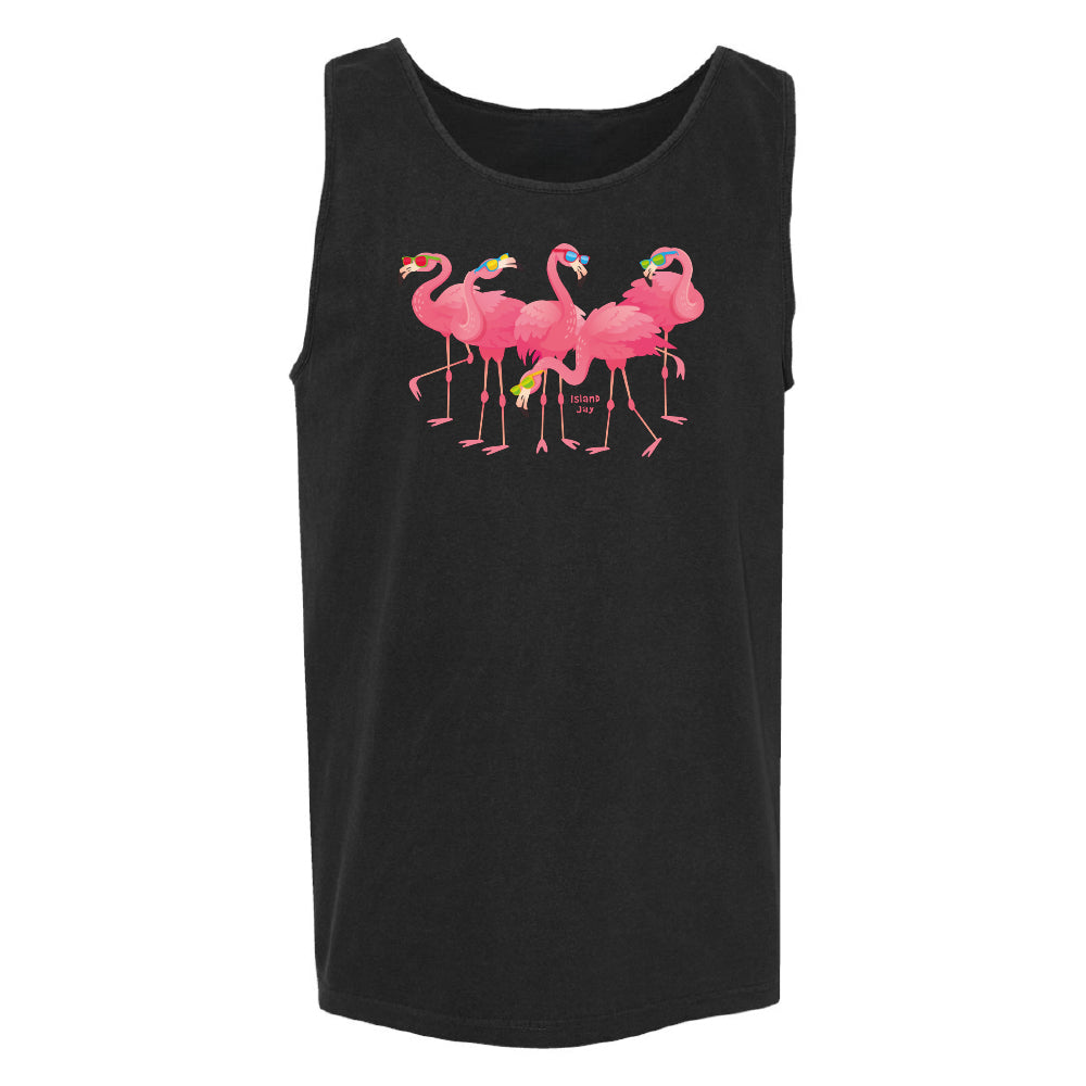 Black tank top with pink flamingo design on a white background