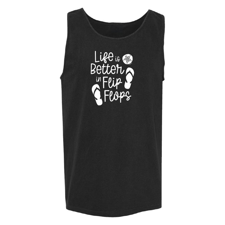 Black tank top with 'Life is Better in Flip Flops' text and graphic on a white background