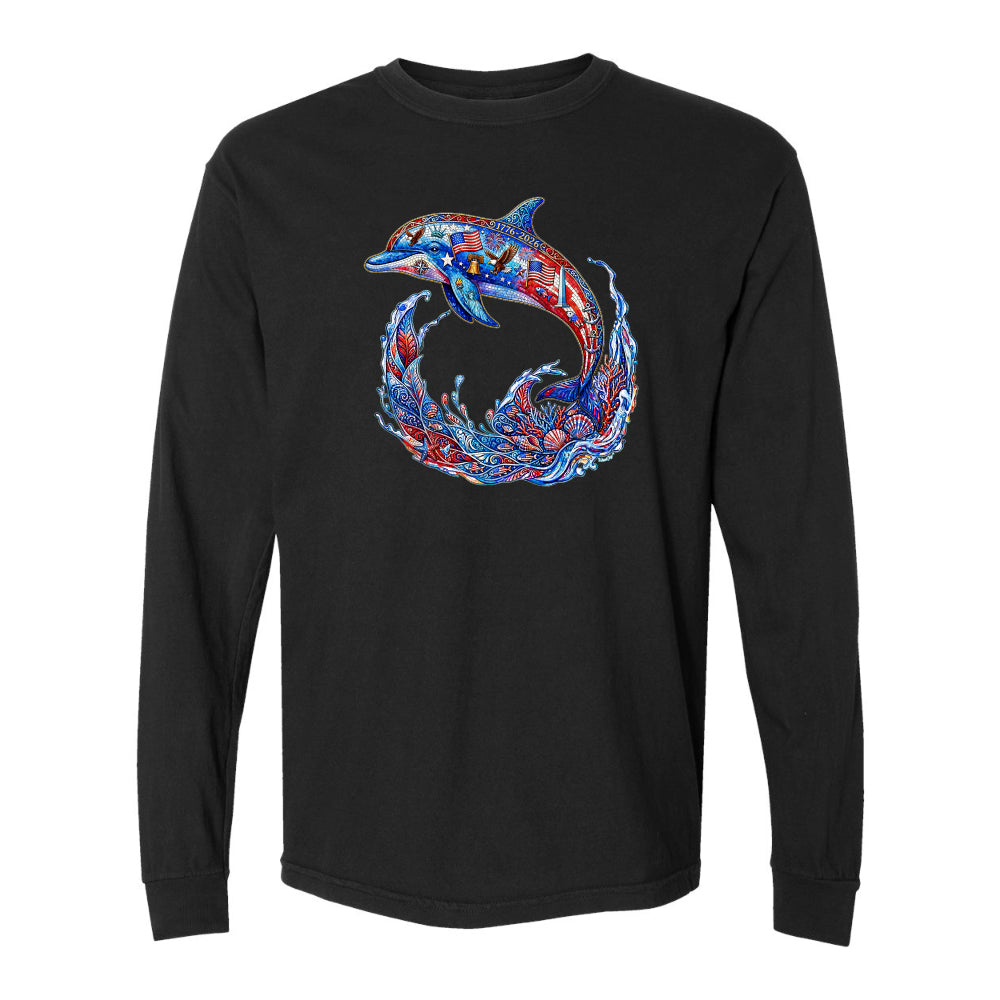Black long-sleeve shirt with a colorful dolphin design on a white background
