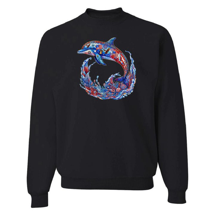 Black sweatshirt with a colorful dolphin design on a white background
