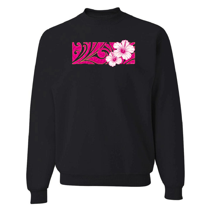 Black sweatshirt with pink floral design on a white background
