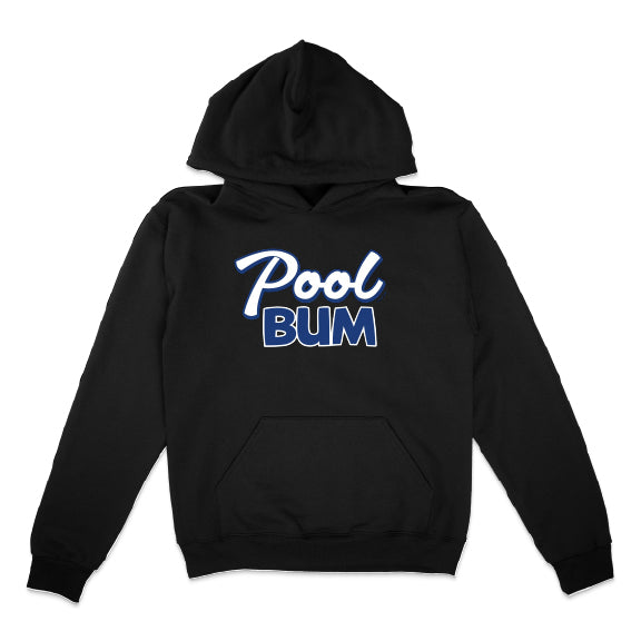 Black hoodie with 'Pool Bum' text on a white background