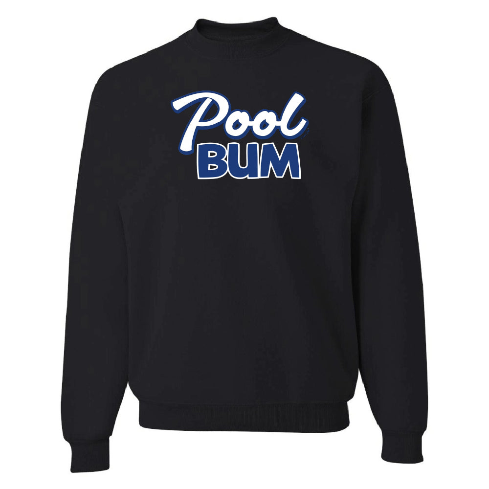 Black sweatshirt with 'Pool Bum' text in blue and white on a white background
