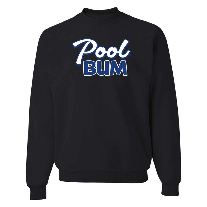 Black sweatshirt with 'Pool Bum' text in blue and white on a white background