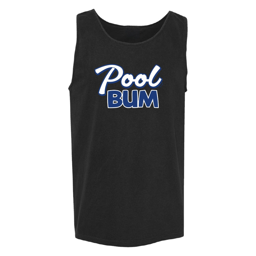 Black tank top with 'Pool Bum' text on a white background