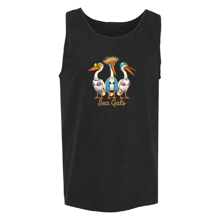 Black tank top with a colorful design of three storks and 'Sea Gals' text on a white background