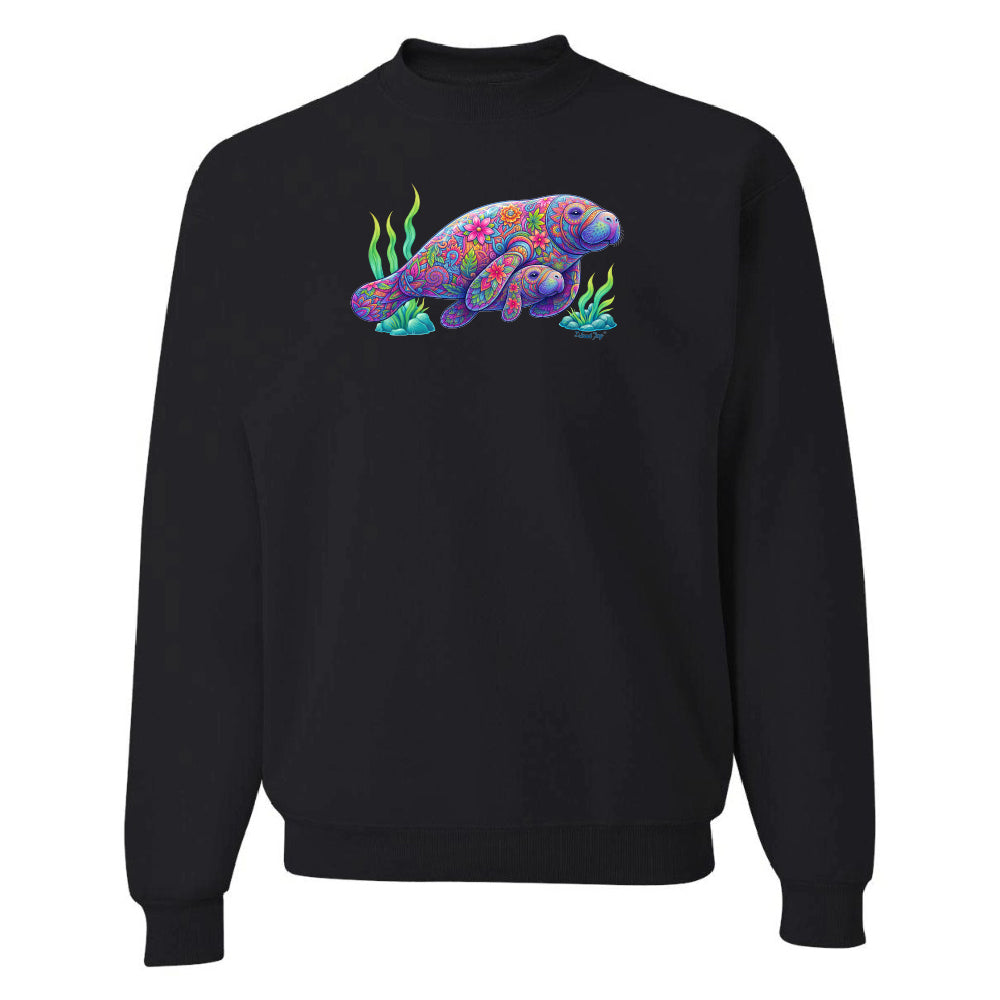 Black sweatshirt with a colorful manatee design on a white background