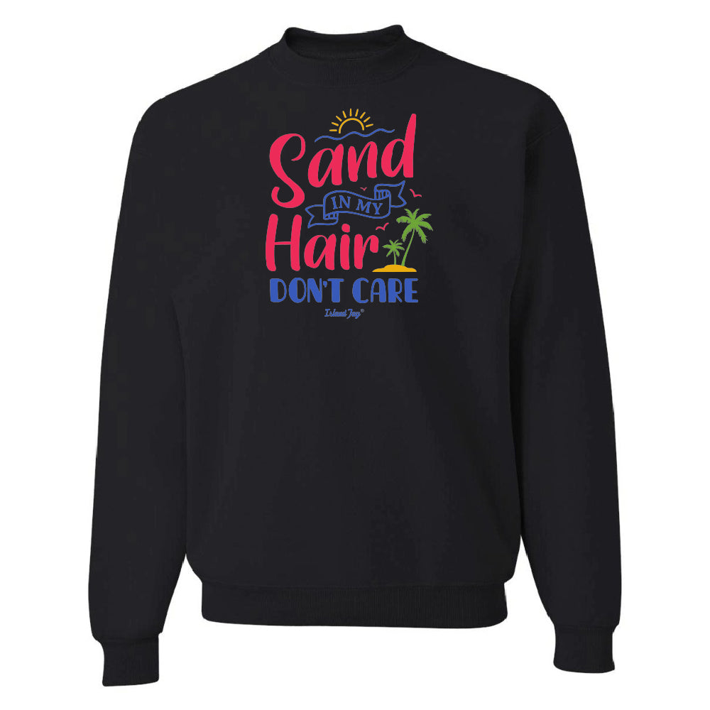 Black sweatshirt with colorful text and graphics on a white background