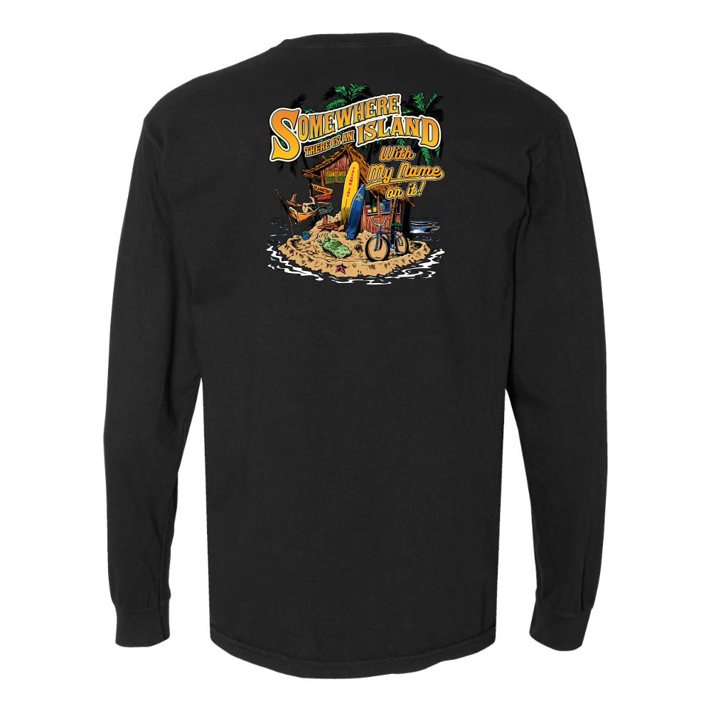 Black long-sleeve shirt with a colorful graphic on the back, featuring text and beach elements.