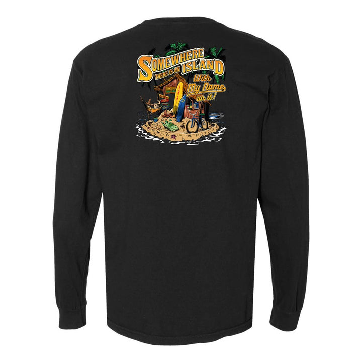 Black long-sleeve shirt with a colorful graphic on the back, featuring text and beach elements.