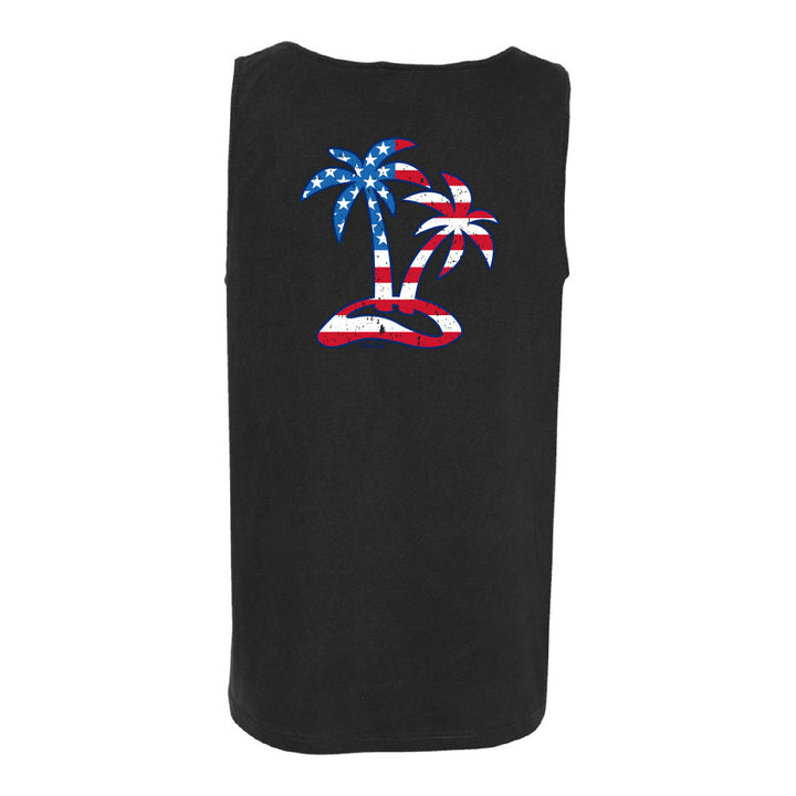 Black tank top with a design of palm trees and an American flag on a white background