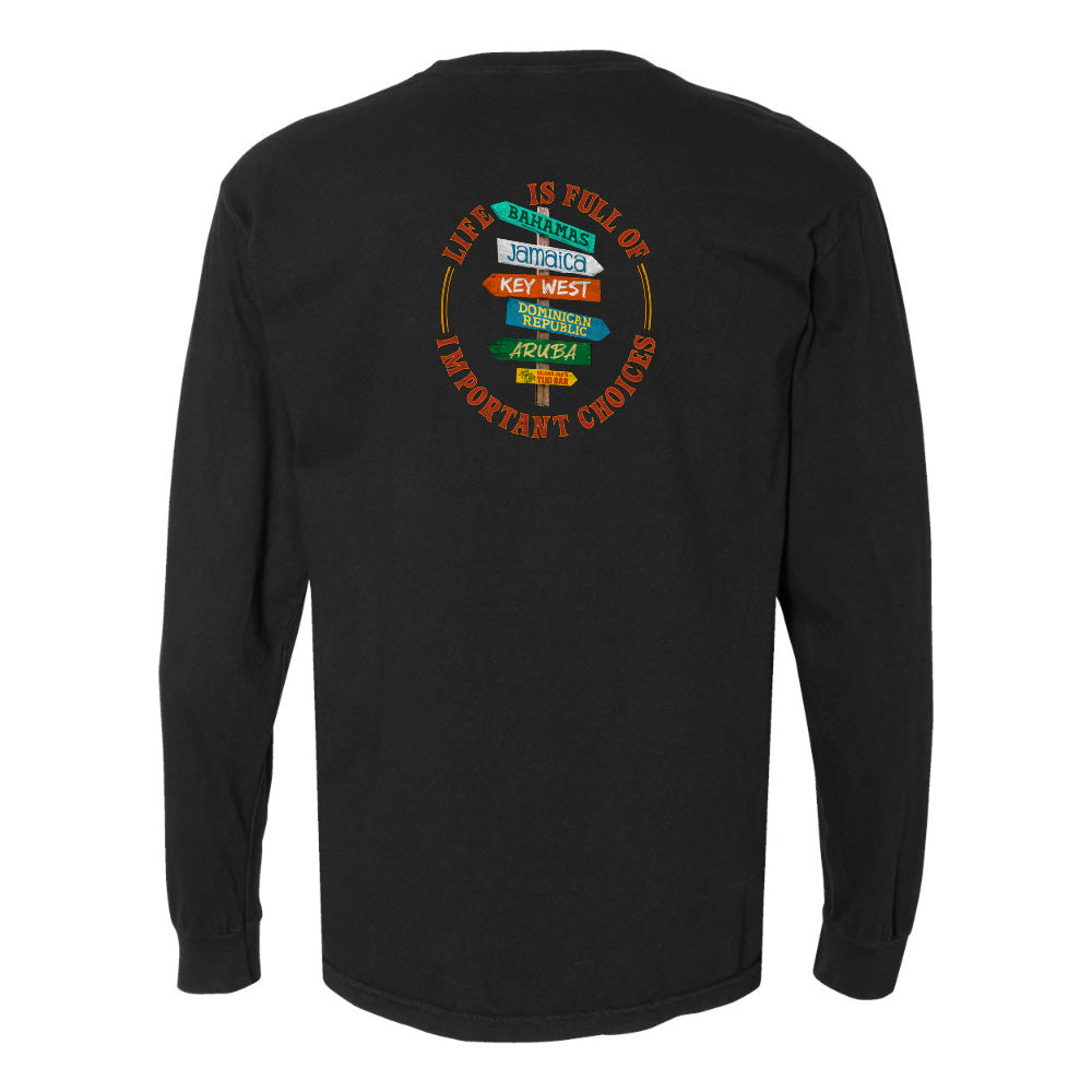 Black long-sleeve shirt with colorful graphic on the back against a white background