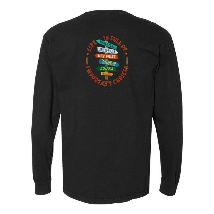 Black long-sleeve shirt with colorful graphic on the back against a white background