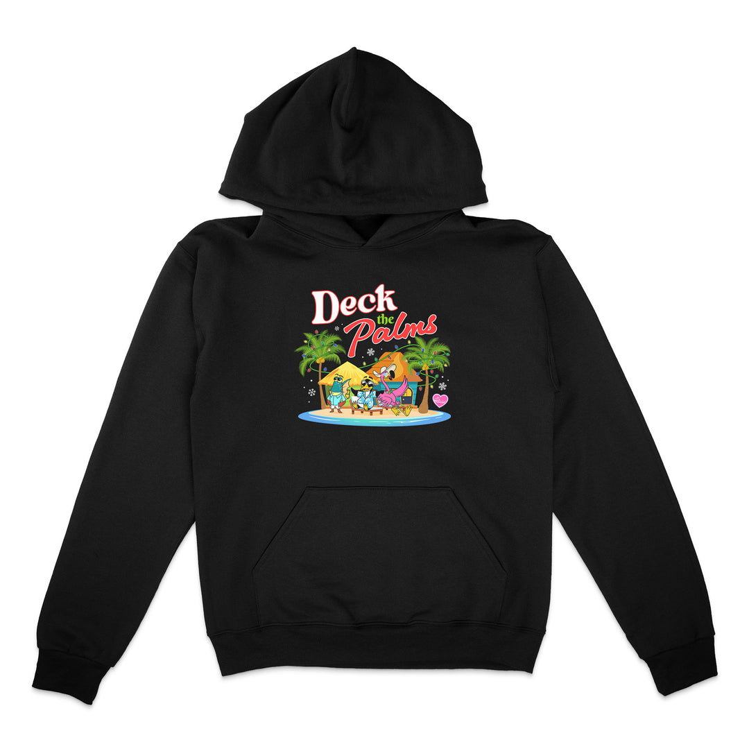 Black hoodie with a colorful graphic design on a white background