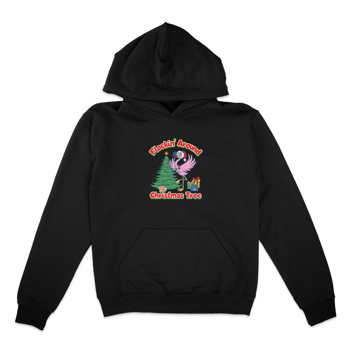 Black hoodie with Christmas-themed design on a white background