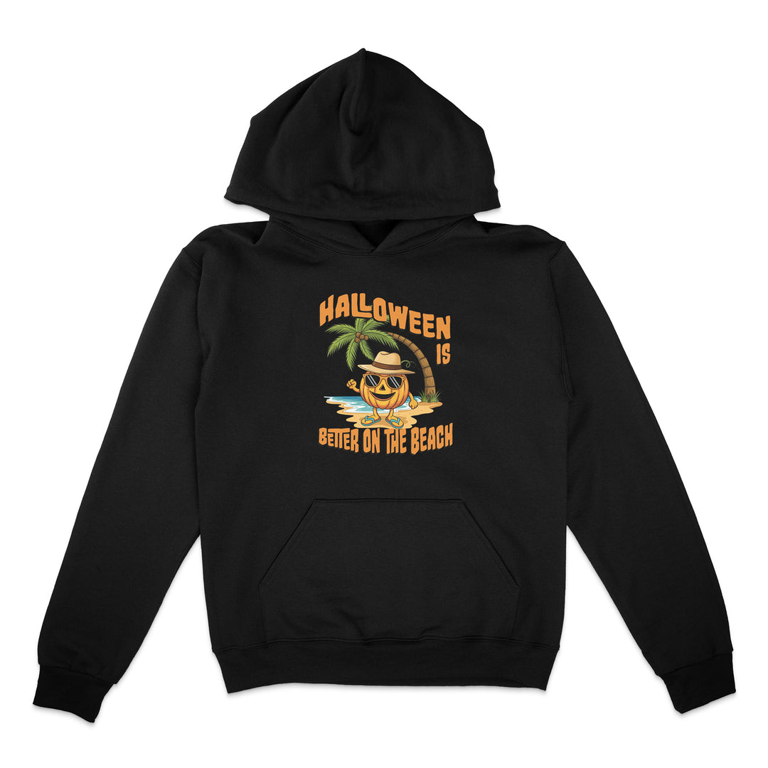 Black hoodie with Halloween design featuring a palm tree and beach scene on a white background
