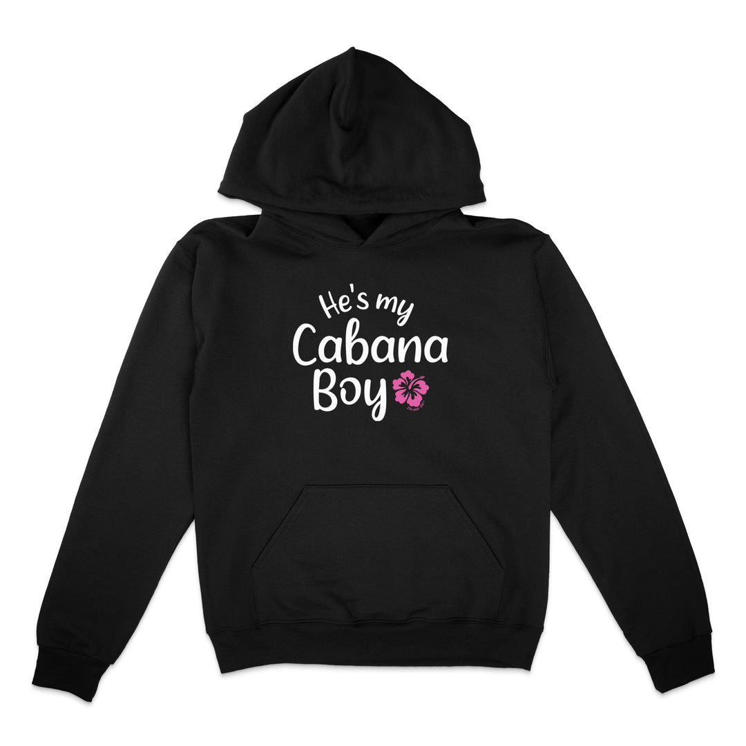 Black hoodie with 'He's my Cabana Boy' text and pink flower on a white background