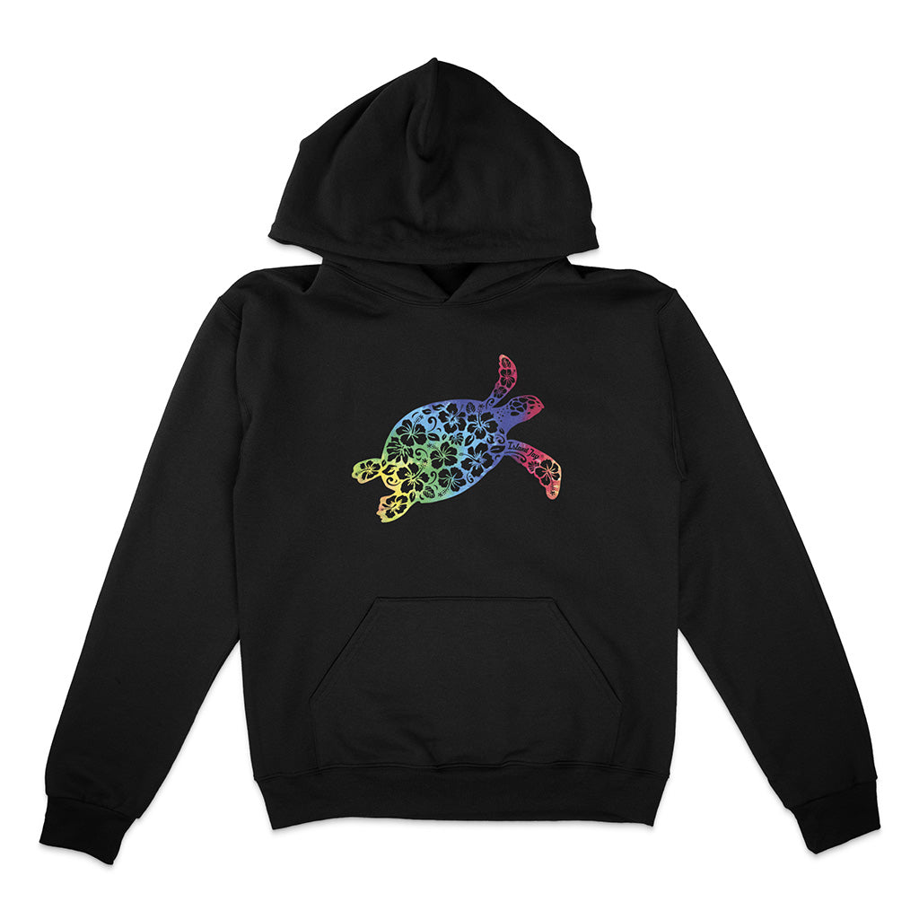 Black hoodie with a colorful turtle design on a white background