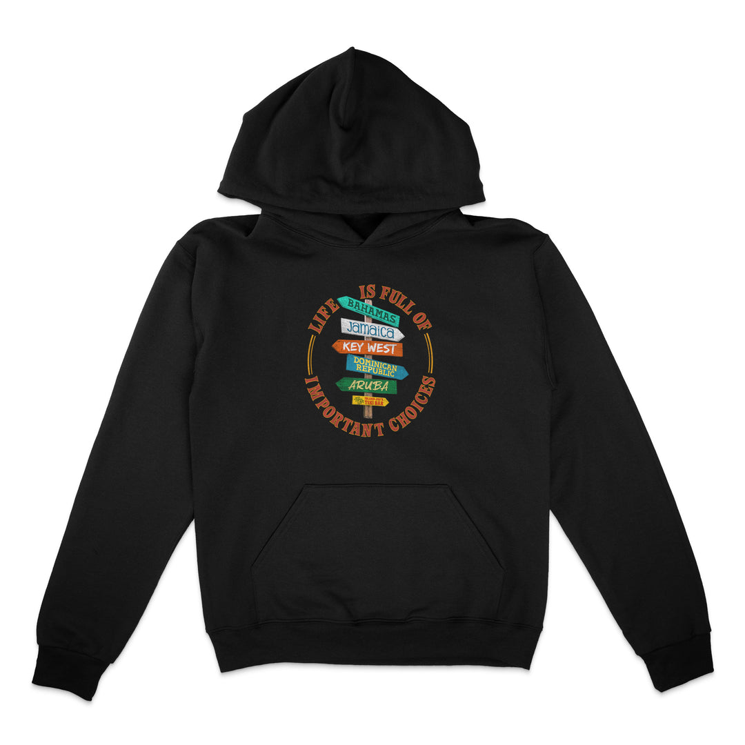 Black hoodie with colorful graphic design on a white background