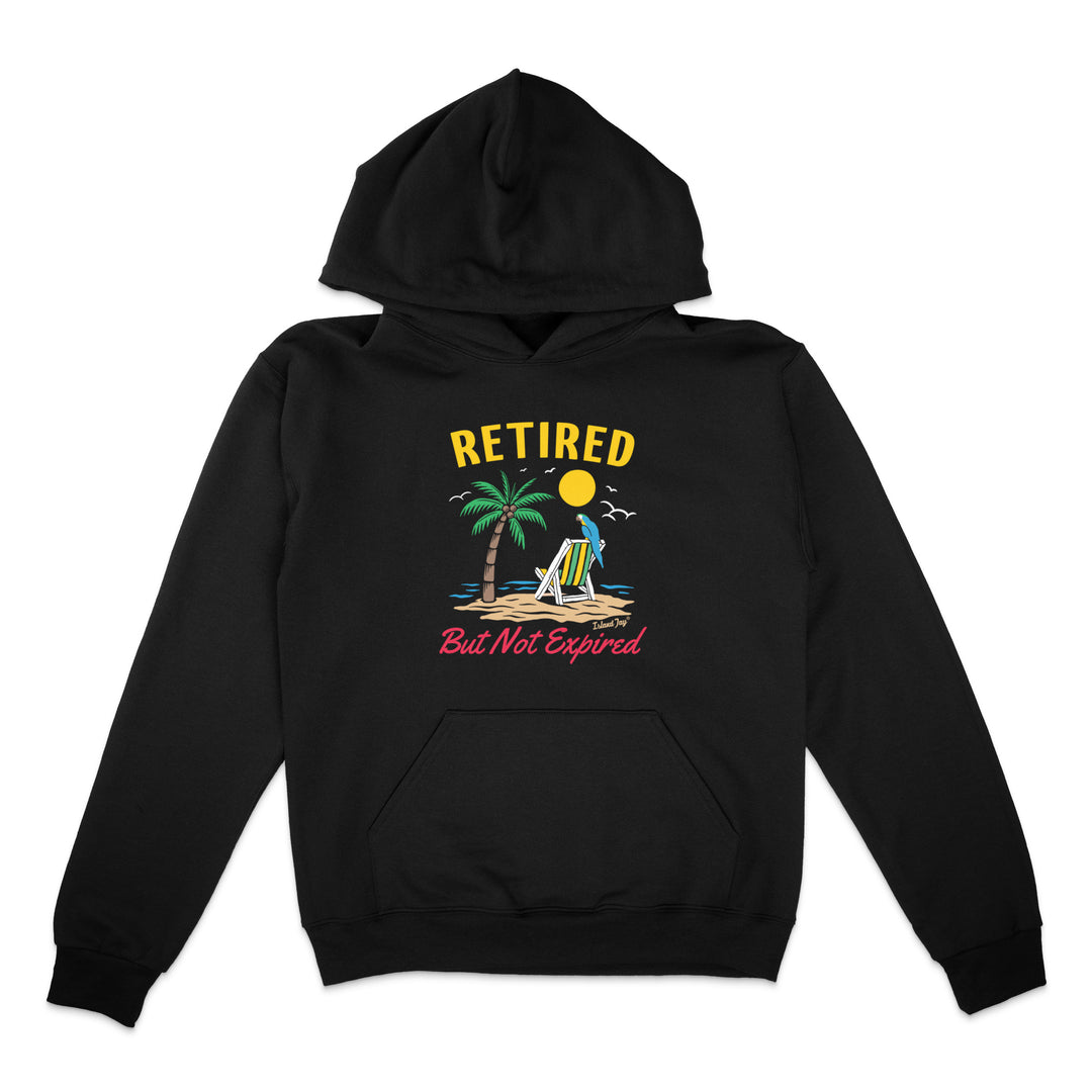Black hoodie with a tropical graphic and 'Retired But Not Expired' text on a white background