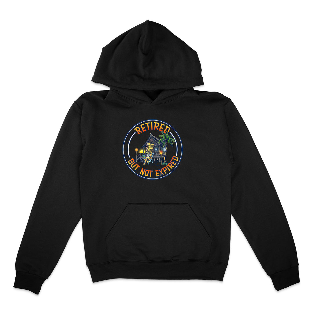 Black hoodie with a colorful graphic and text on a white background