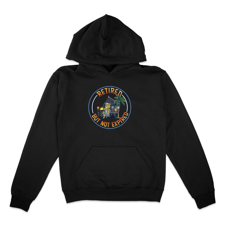 Black hoodie with a colorful graphic and text on a white background