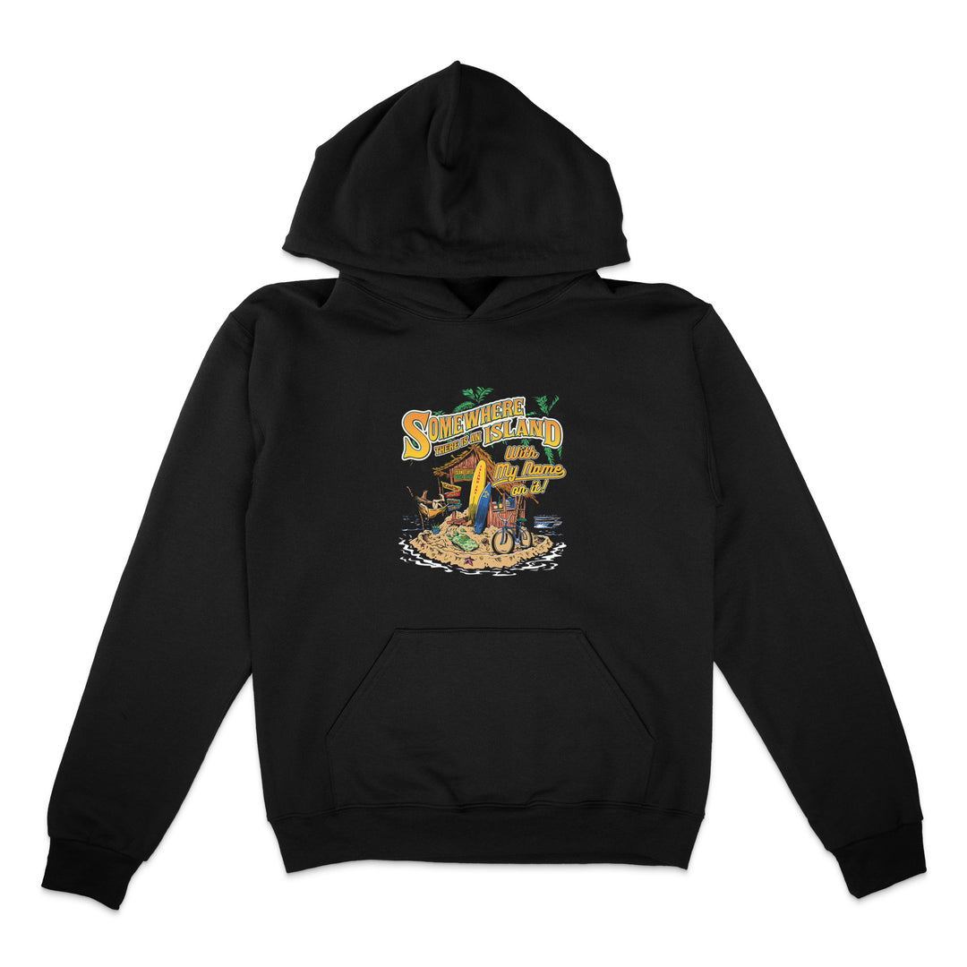Black hoodie with a colorful graphic design on a white background