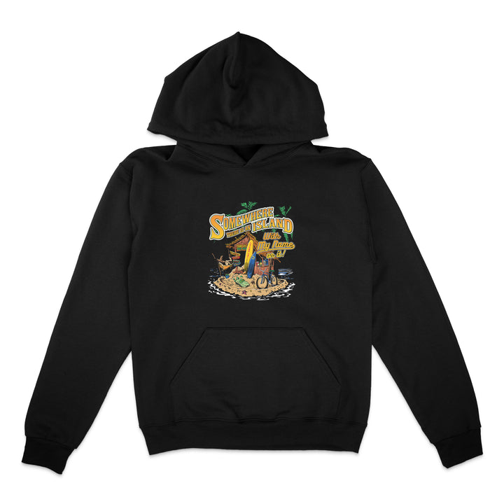 Black hoodie with a colorful graphic design on a white background