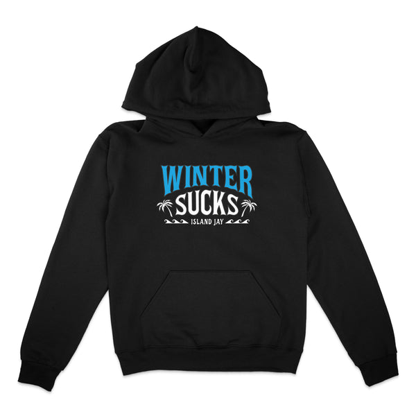 Black hoodie with 'Winter Sucks' text on a white background