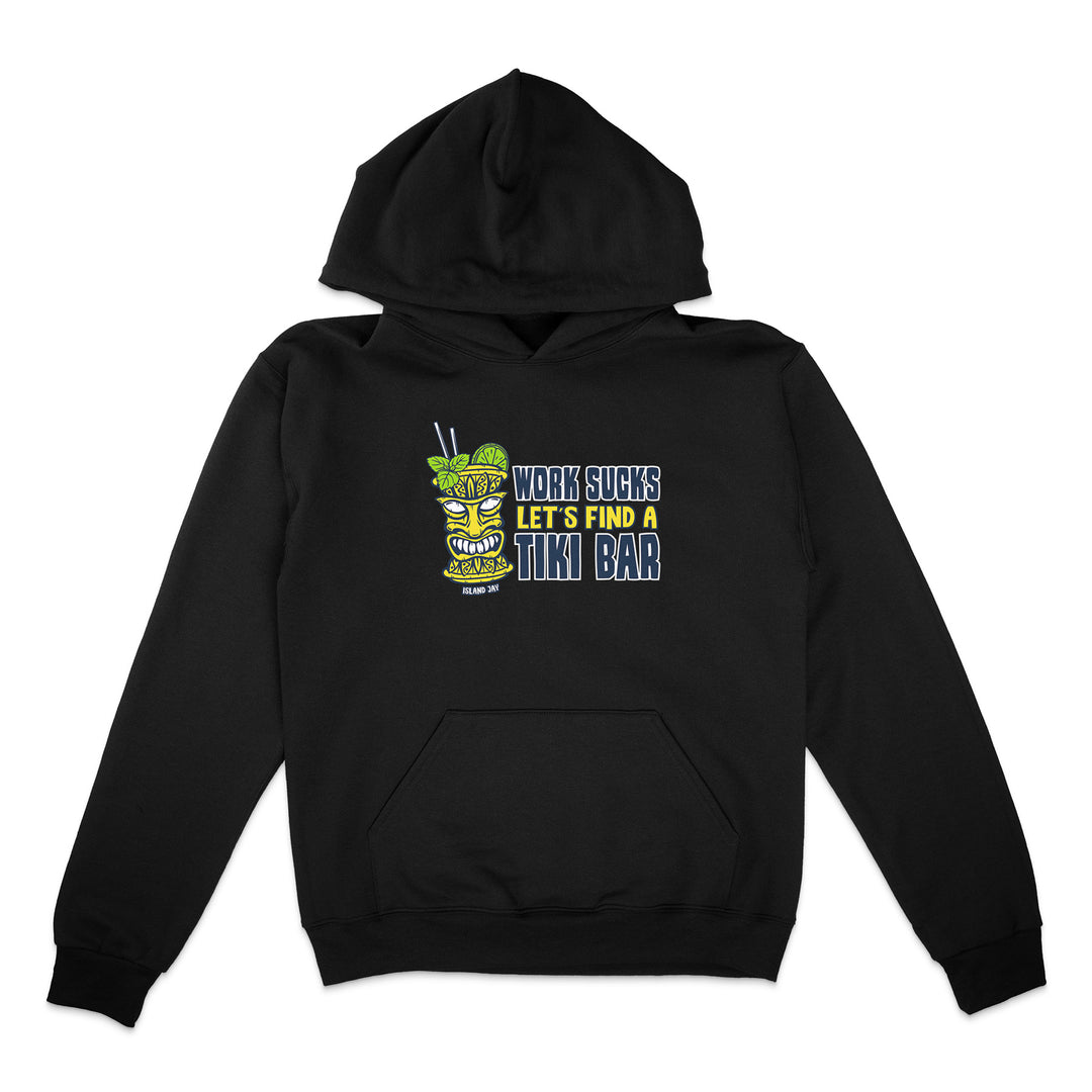 Black hoodie with a tiki bar graphic and text on a white background